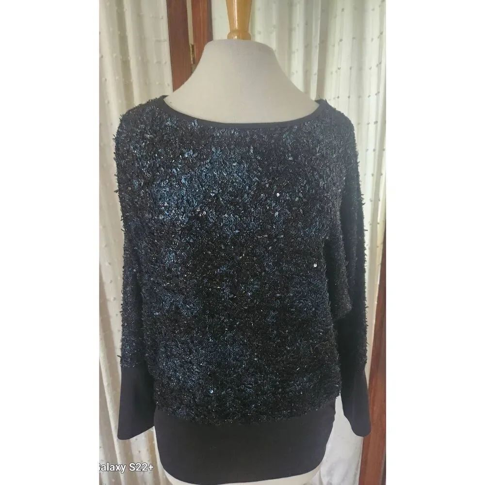 T60 Elloquent Brand Dressy blue & black sparkly fuzzy sweater NWT Women's Sz Med